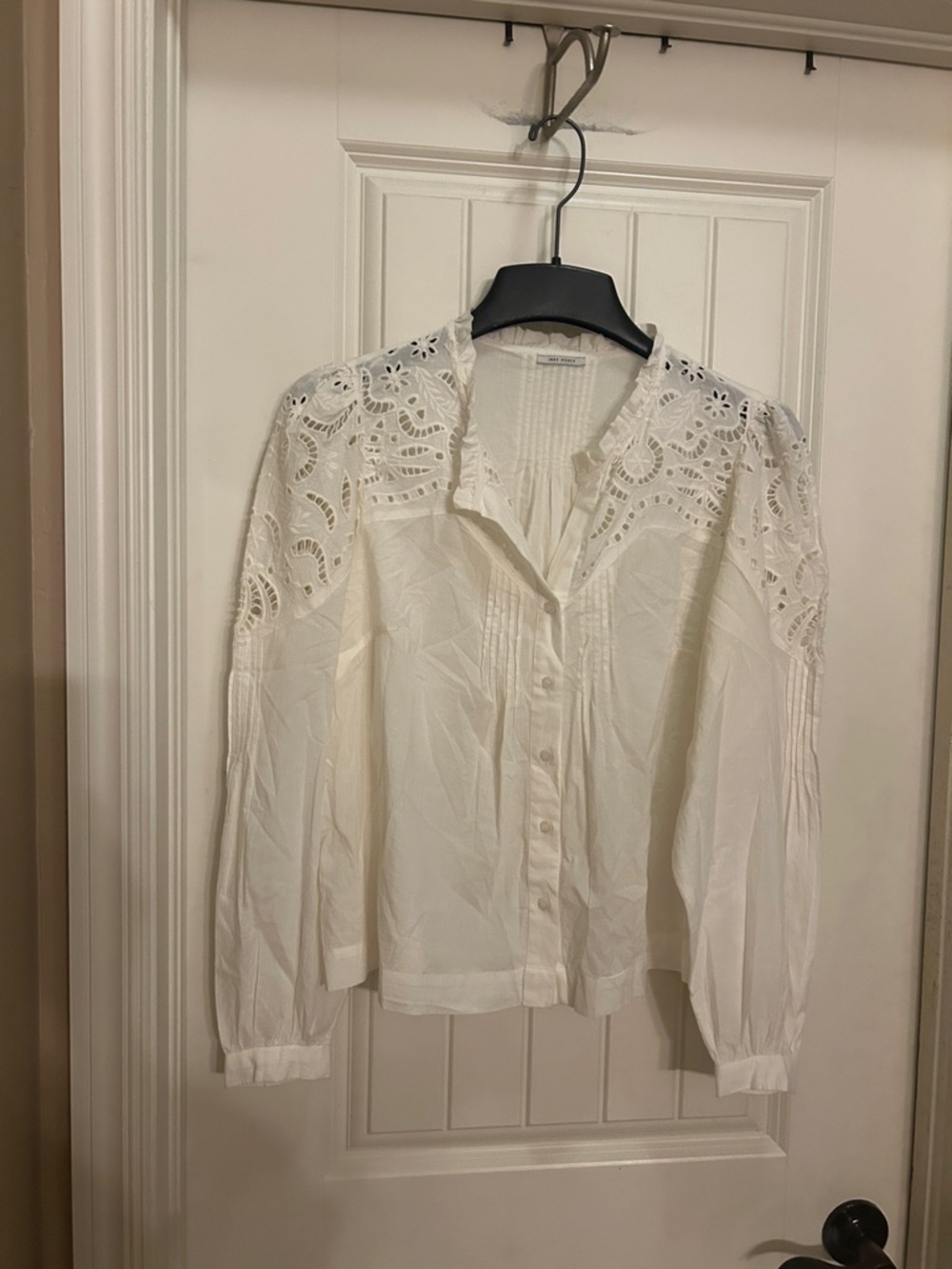 White Eyelet Lace Yoke Button-Front Blouse